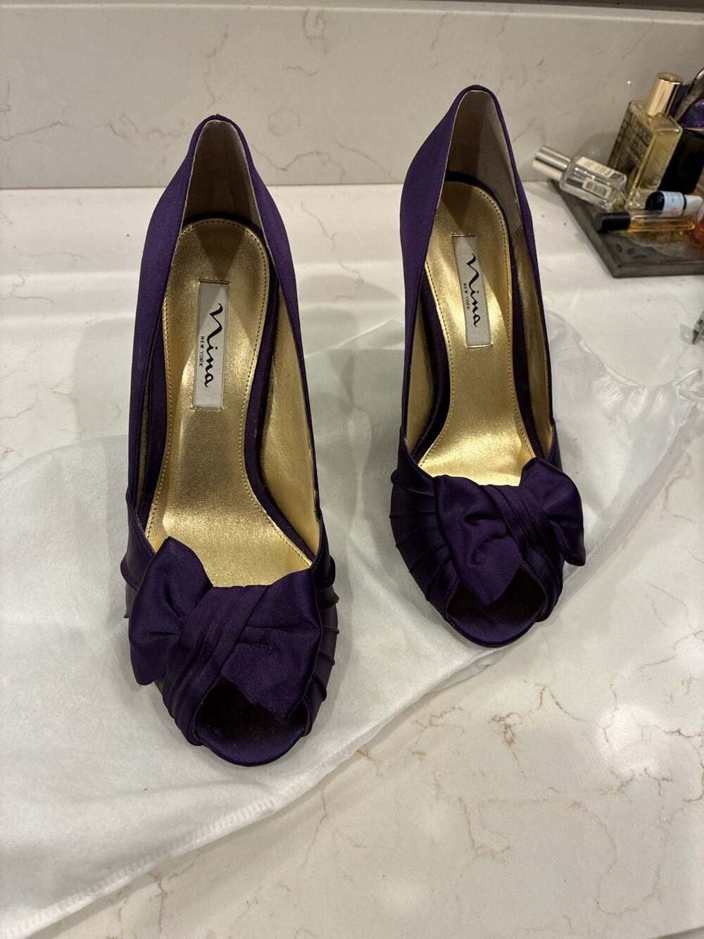 Nina New York Forbes Grape Luster Satin Peep-Toe Bow Heels